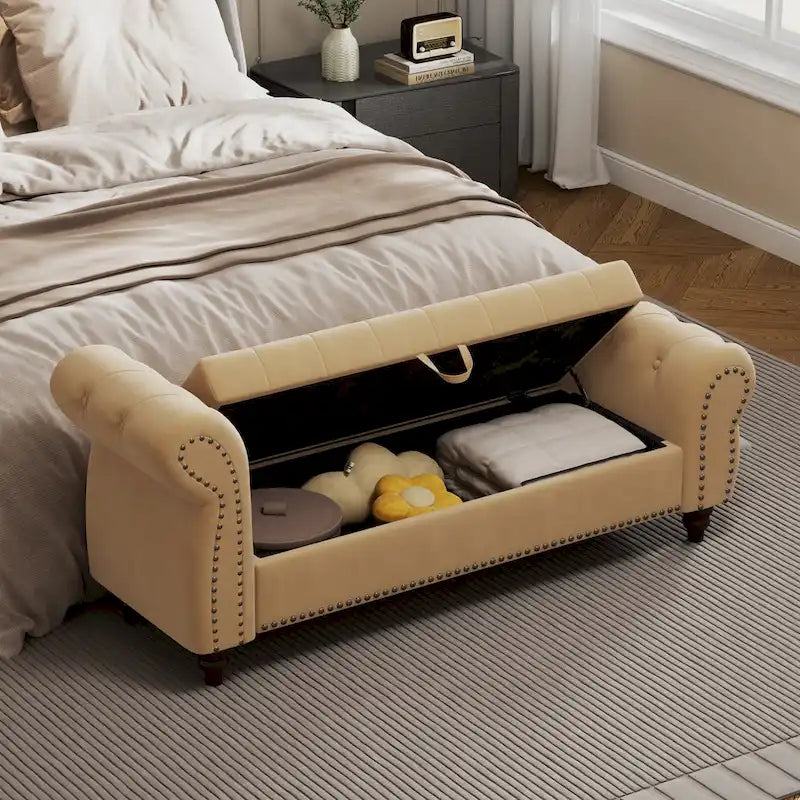 Panca da 64.5 in per camera da letto, chaise longue capitonné con borchie e contenitore, rivestimento in velluto, kaki