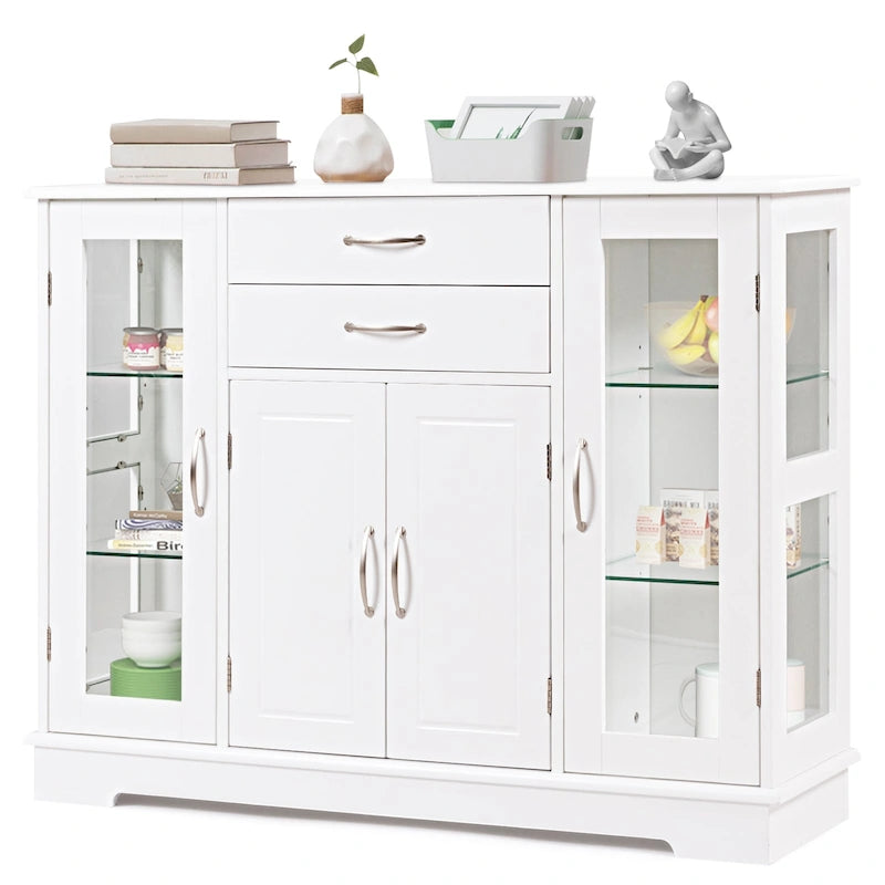 Mobile contenitore a buffet, consolle con ante in vetro e cassetti