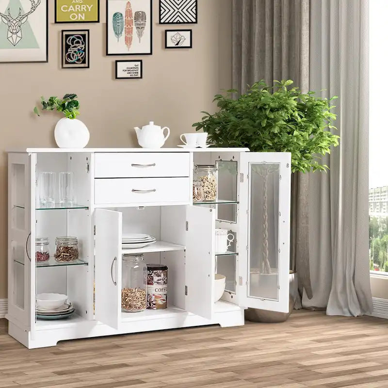 Mobile contenitore a buffet, consolle con ante in vetro e cassetti