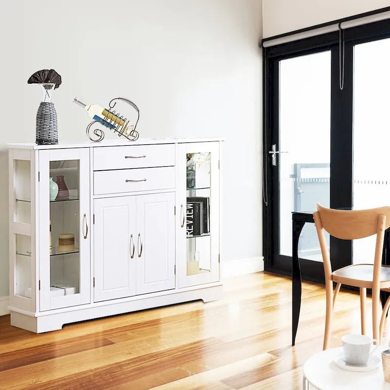 Mobile contenitore a buffet, consolle con ante in vetro e cassetti