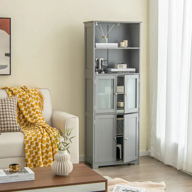 Colonna alta da bagno per biancheria con anta in vetro