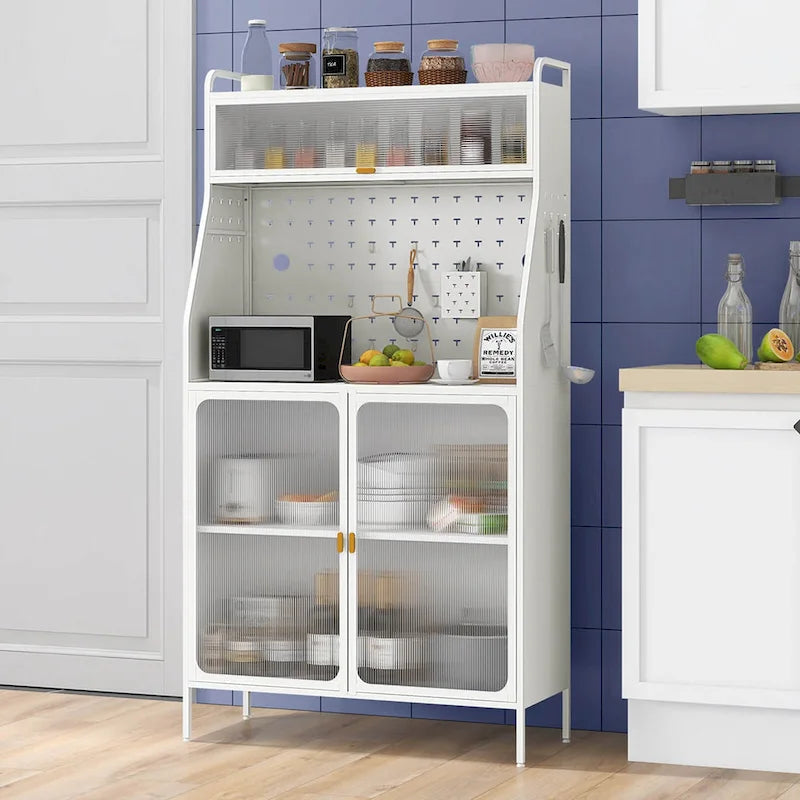 Scaffale da cucina in metallo a 5 ripiani con pannello portautensili e 8 ganci