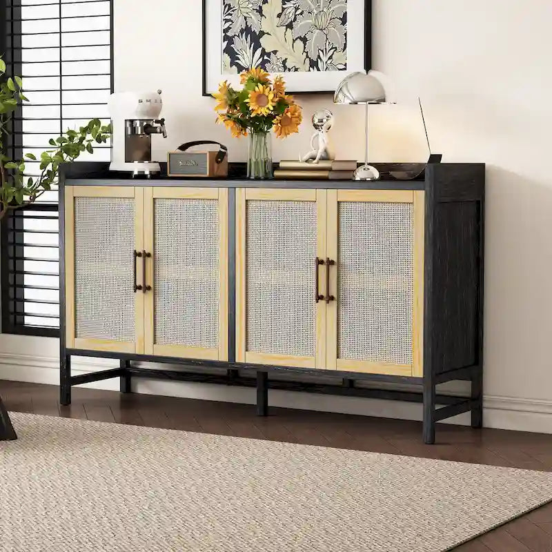 Rustic Sideboard Buffet Cabinet with Decorative Rattan Doors