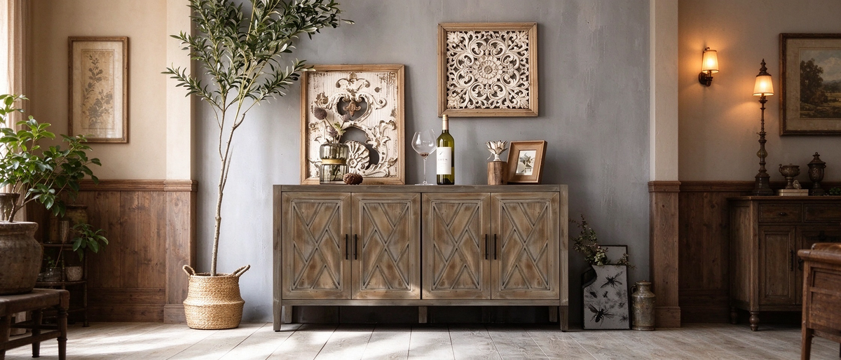 Credenza laterale in legno con motivo saia