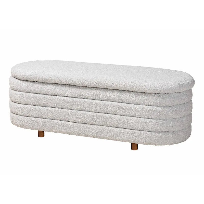 Panca contenitore moderna in stile Japandi, tessuto bouclé color crema e legno con finitura marrone noce