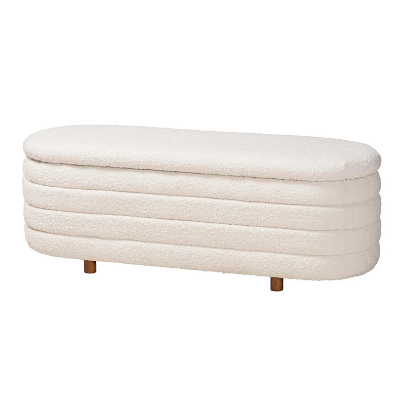 Panca contenitore moderna in stile Japandi, tessuto bouclé color crema e legno con finitura marrone noce