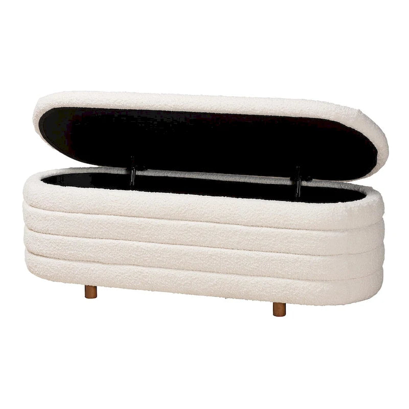 Panca contenitore moderna in stile Japandi, tessuto bouclé color crema e legno con finitura marrone noce