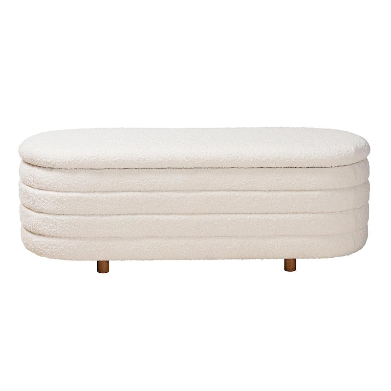 Panca contenitore moderna in stile Japandi, tessuto bouclé color crema e legno con finitura marrone noce