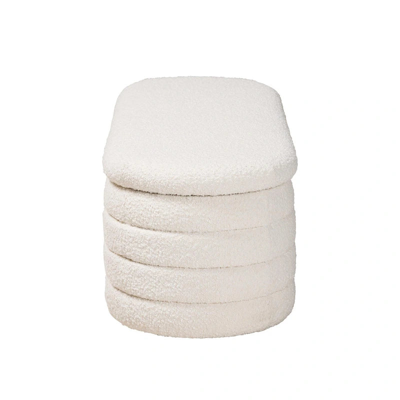 Panca contenitore moderna in stile Japandi, tessuto bouclé color crema e legno con finitura marrone noce