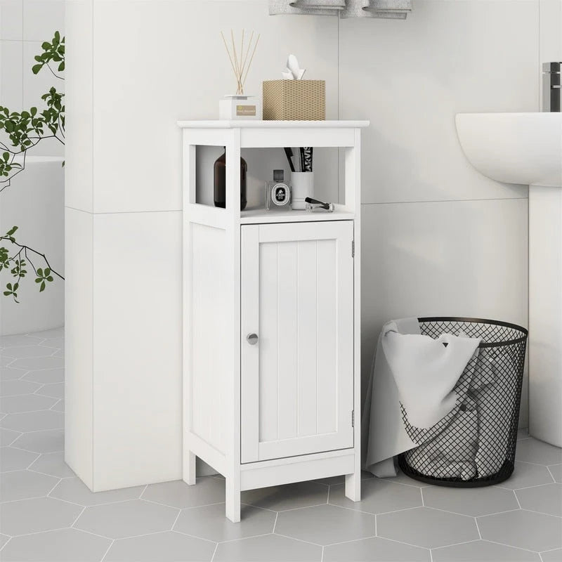 White Bathroom Floor Cabinet with Single Door, Freestanding Cupboard, Storage Organizer