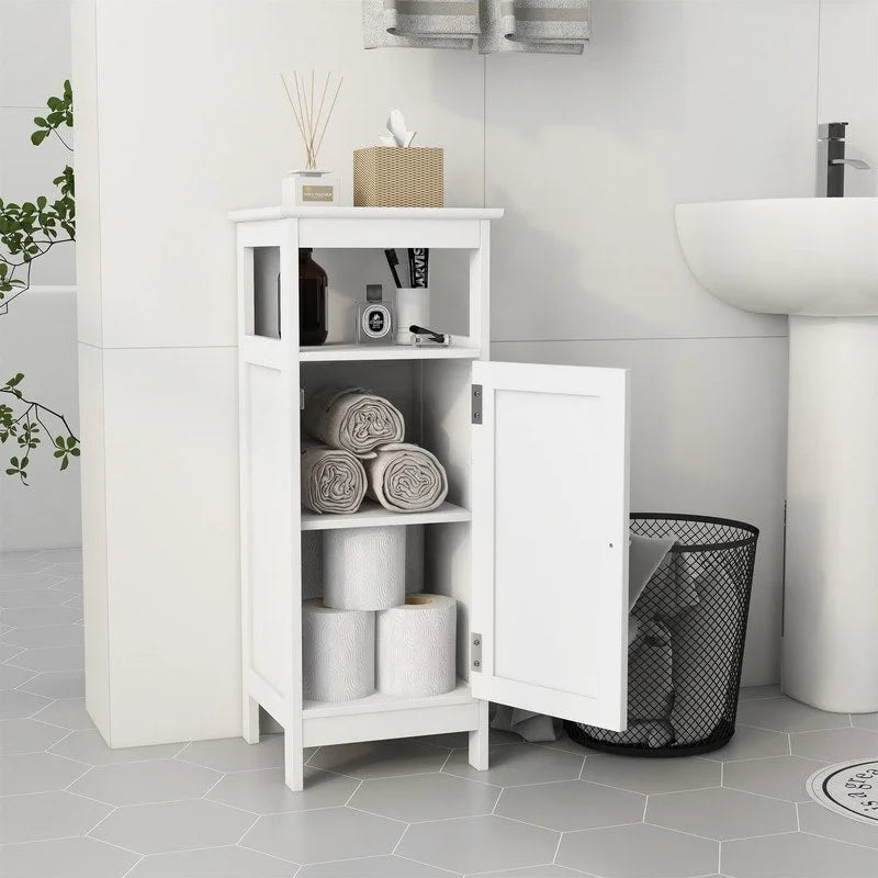 Mobiletto da bagno bianco da pavimento con un'anta, armadietto autoportante, organizer contenitore