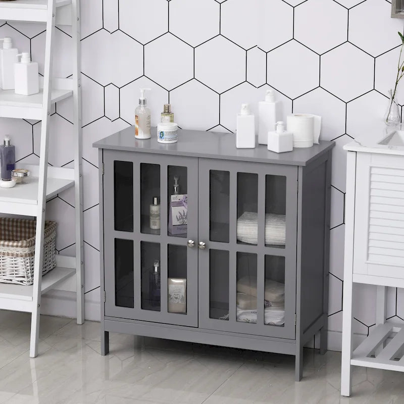 Credenza contenitore con ante a buffet e 2 ante trasparenti, grigia