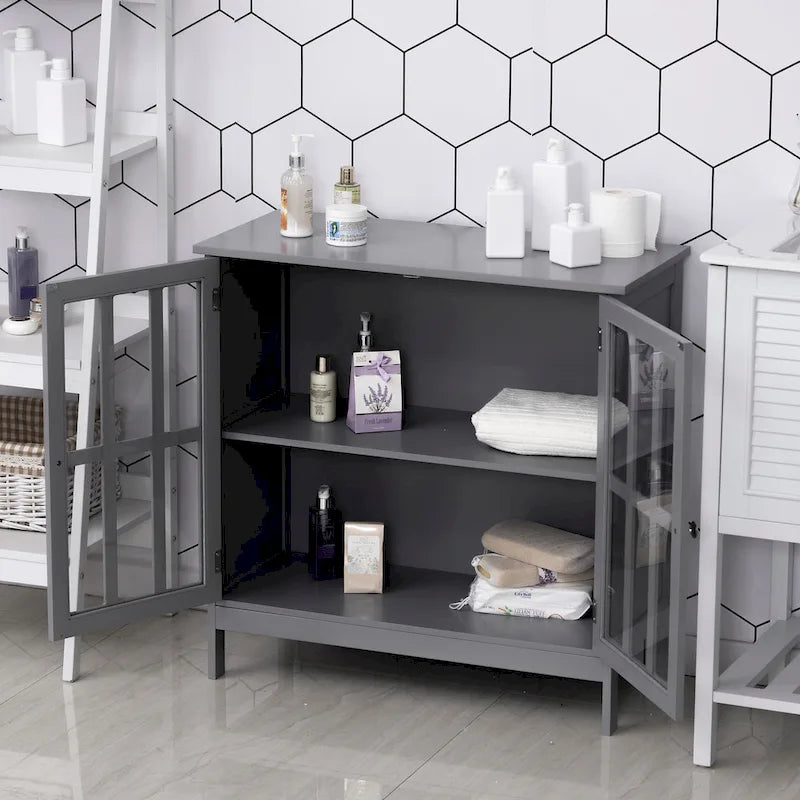 Credenza contenitore con ante a buffet e 2 ante trasparenti, grigia