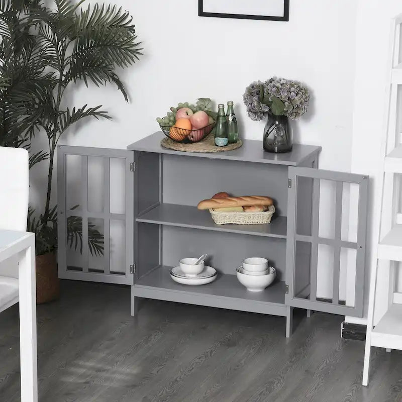 Credenza contenitore con ante a buffet e 2 ante trasparenti, grigia