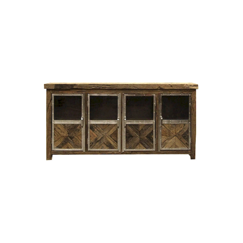 Credenza laterale in legno di traversine ferroviarie di recupero con 4 ante in vetro trasparente