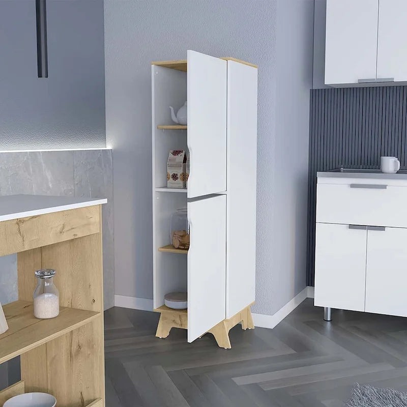 Dispensa da cucina singola, quattro ripiani, due ante, finitura rovere chiaro / bianco