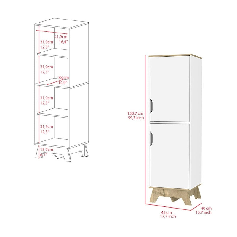 Dispensa da cucina singola, quattro ripiani, due ante, finitura rovere chiaro / bianco