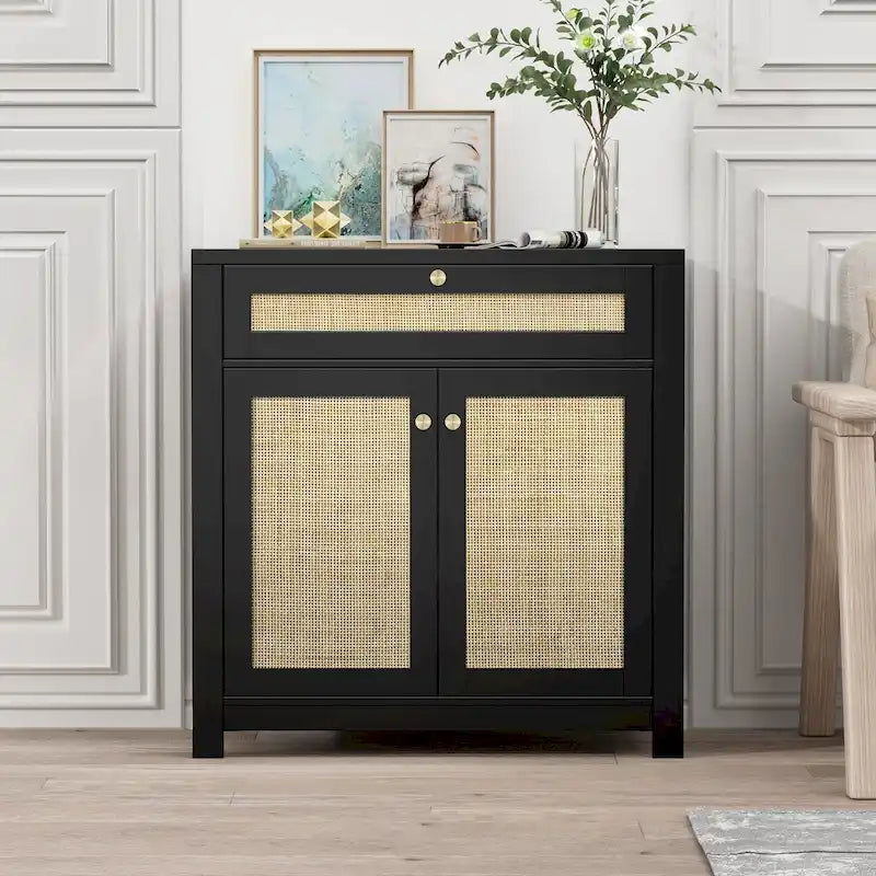 Meuble en rotin noir avec un tiroir et 2 portes, meuble d'appoint avec étagères réglables