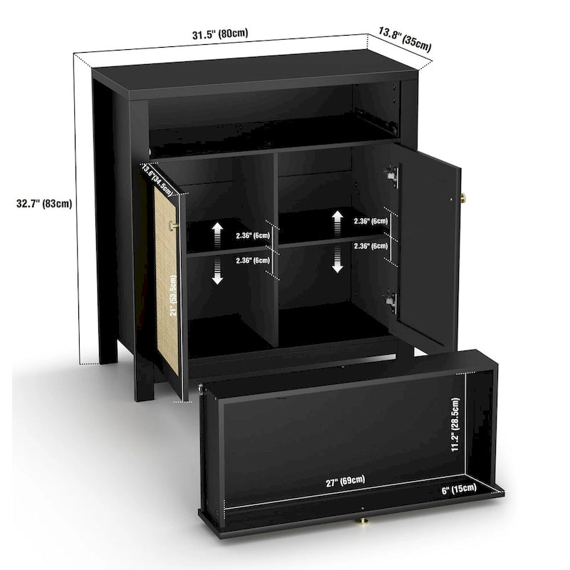 Meuble en rotin noir avec un tiroir et 2 portes, meuble d'appoint avec étagères réglables