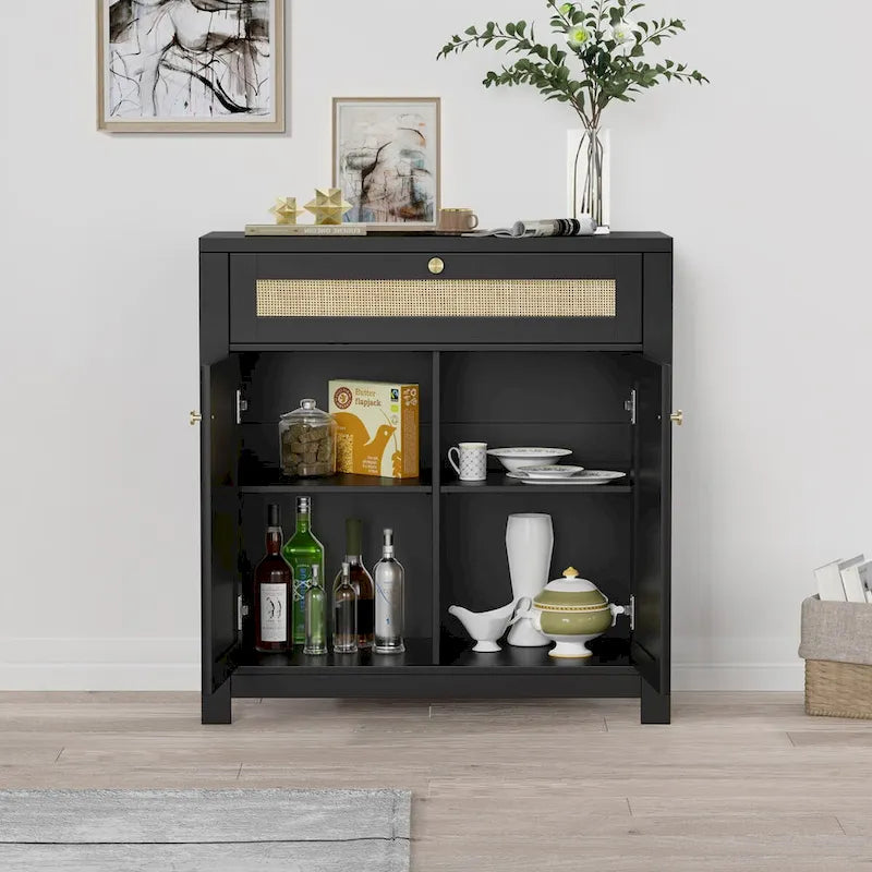 Meuble en rotin noir avec un tiroir et 2 portes, meuble d'appoint avec étagères réglables
