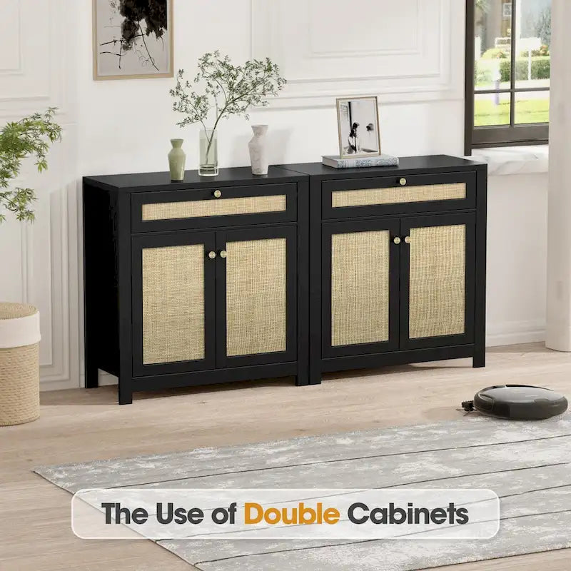 Meuble en rotin noir avec un tiroir et 2 portes, meuble d'appoint avec étagères réglables