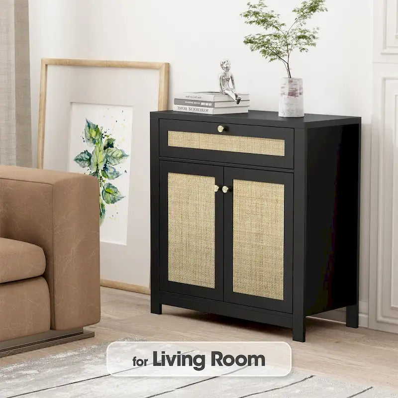 Meuble en rotin noir avec un tiroir et 2 portes, meuble d'appoint avec étagères réglables