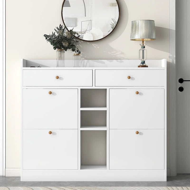 2-Tier Shoe Rack Cabinet with 4 Flip Drawers, White Free Standing Storage Organizer
