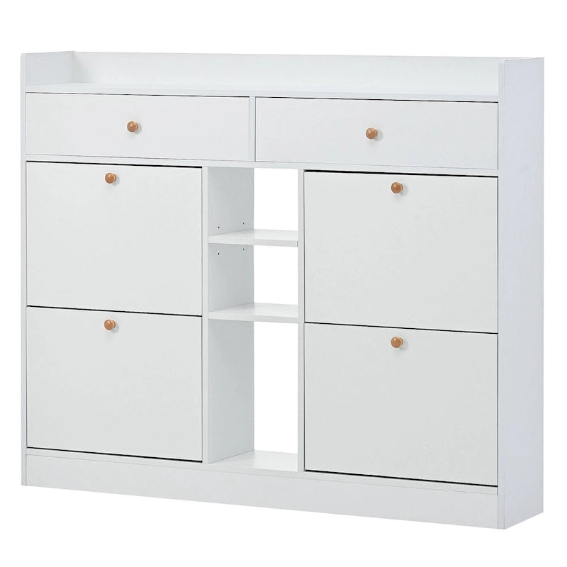 Scarpiera contenitore a 2 ripiani con 4 cassetti ribaltabili, organizer autoportante bianco