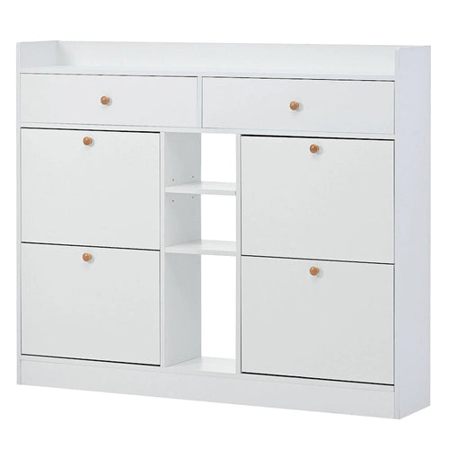 Scarpiera contenitore a 2 ripiani con 4 cassetti ribaltabili, organizer autoportante bianco
