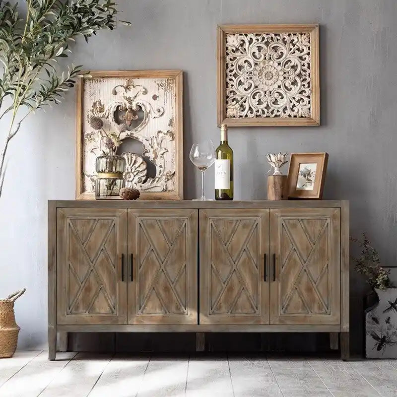 Credenza in legno a 4 ante in stile vintage con motivo twill