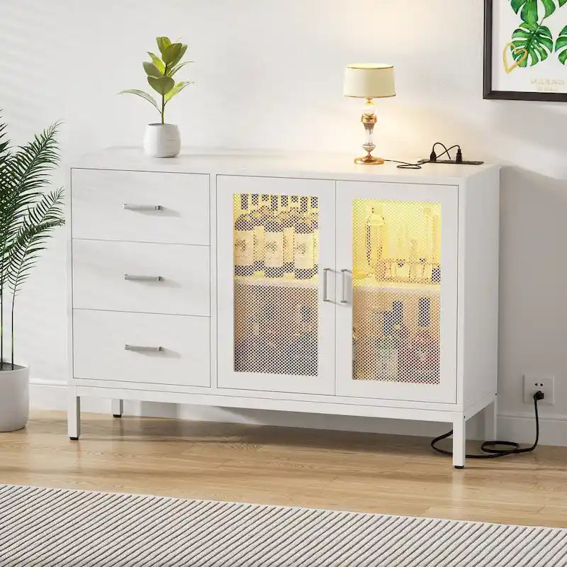 Mobile contenitore decorativo largo 45 in con cassetti e stazione di ricarica, credenza contenitore con luce LED
