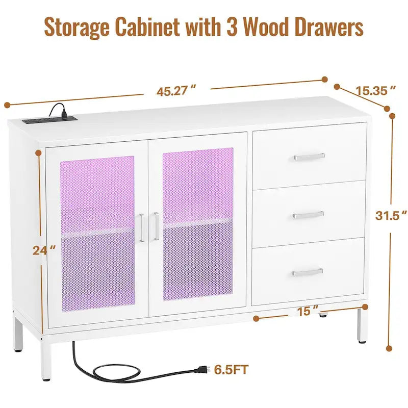 Mobile contenitore decorativo largo 45 in con cassetti e stazione di ricarica, credenza contenitore con luce LED