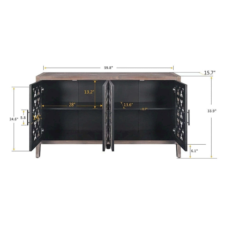 Credenza antica americana in stile country con quattro ante traforate