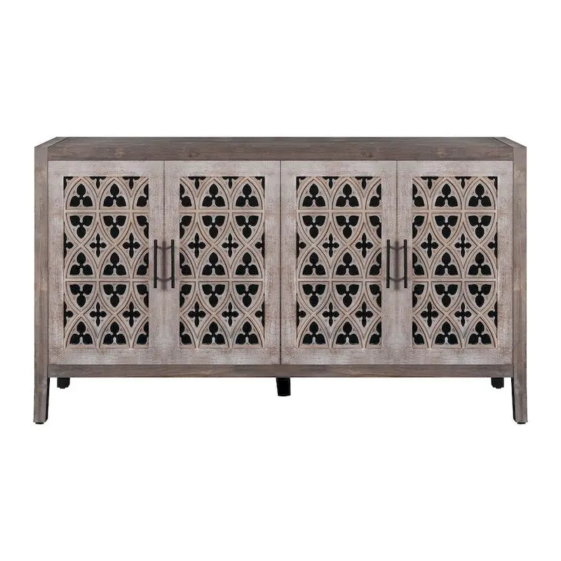 Credenza antica americana in stile country con quattro ante traforate