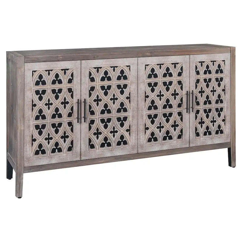 Credenza antica americana in stile country con quattro ante traforate