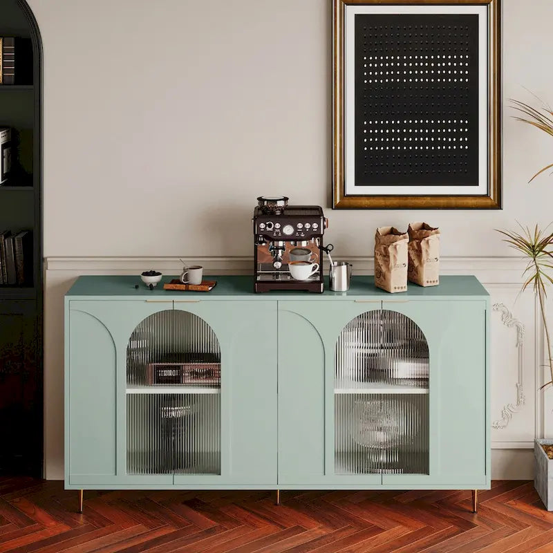 Credenza buffet laccata con 4 ante in vetro, verde menta