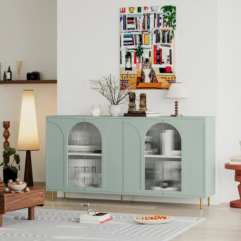 Credenza buffet laccata con 4 ante in vetro, verde menta