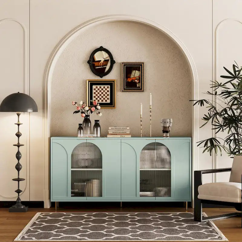 Credenza buffet laccata con 4 ante in vetro, verde menta