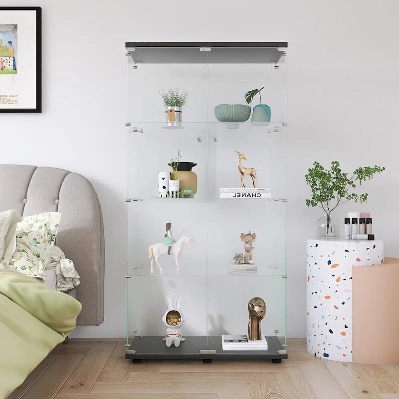 Two-door Glass Display Cabinet 4 Shelves with Door, Floor Standing Curio Bookshelf,64.7*31.7*14.3,Black