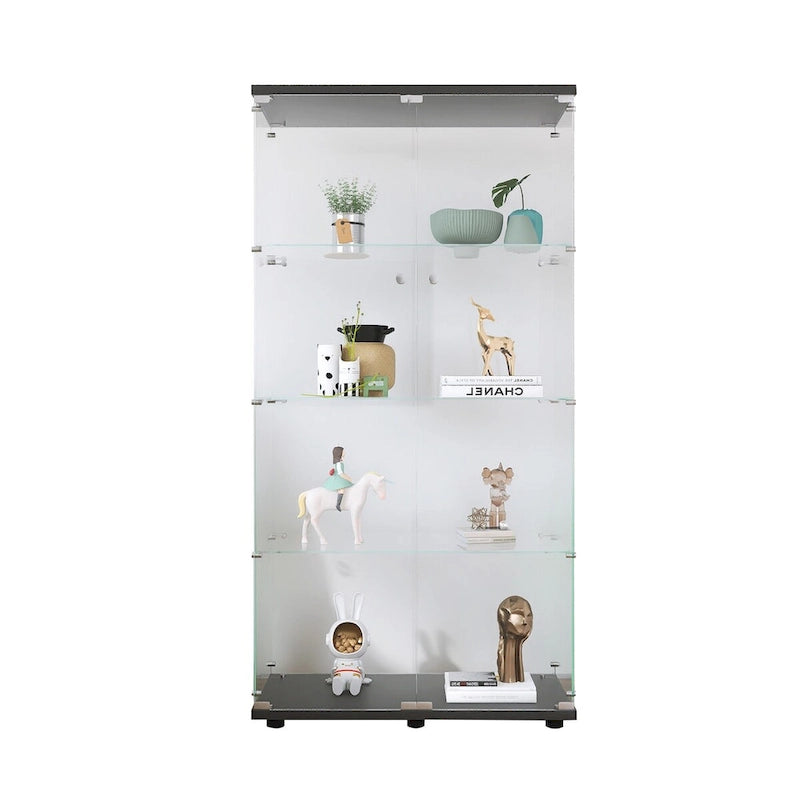 Vetrinetta espositiva a due ante in vetro, 4 ripiani con anta, libreria angolare da pavimento, 64.7 in x 31.7 in x 14.3 in, nera