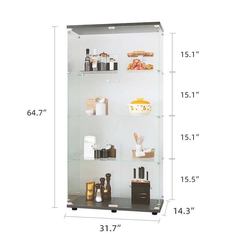 Vetrinetta espositiva a due ante in vetro, 4 ripiani con anta, libreria angolare da pavimento, 64.7 in x 31.7 in x 14.3 in, nera