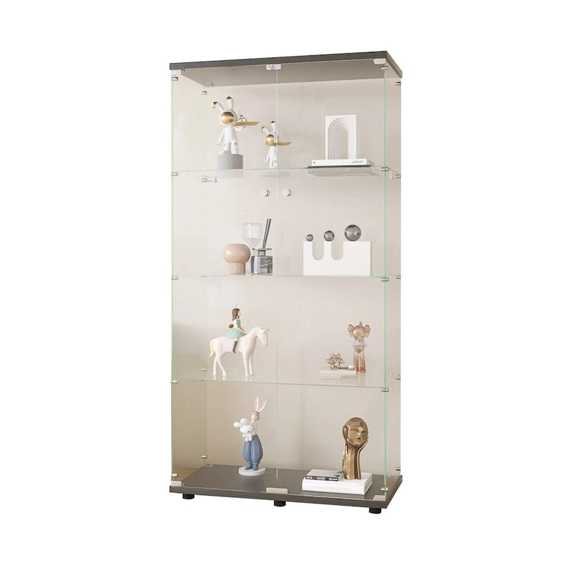 Vetrinetta espositiva a due ante in vetro, 4 ripiani con anta, libreria angolare da pavimento, 64.7 in x 31.7 in x 14.3 in, nera