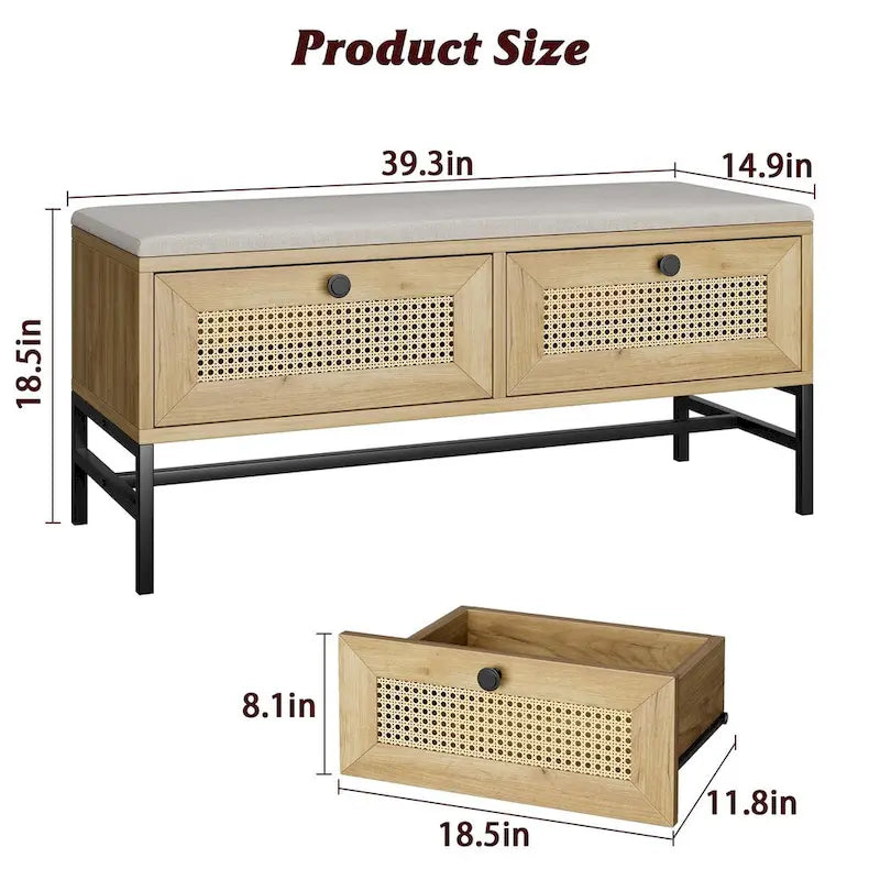 Panca portascarpe in rattan per ingresso con 2 cassetti portaoggetti