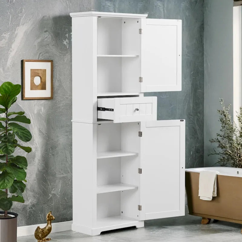 Mobiletto alto contenitore per bagno con cassetto e ripiano regolabile