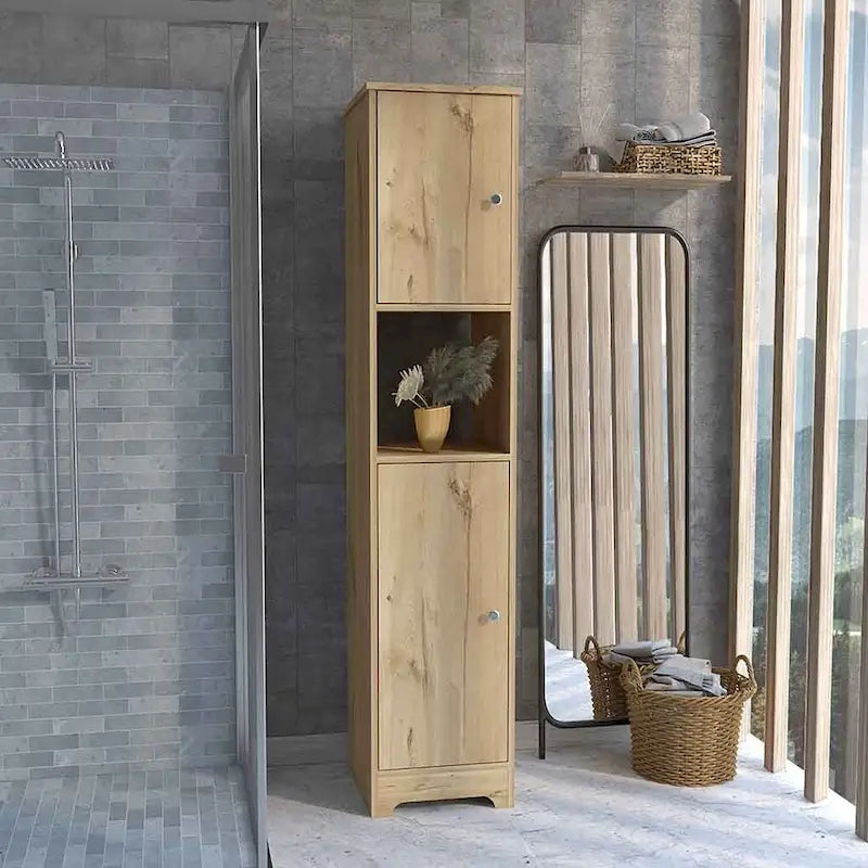 Mobiletto portabiancheria con quattro ripiani interni, finitura rovere chiaro, alta qualità e durevole