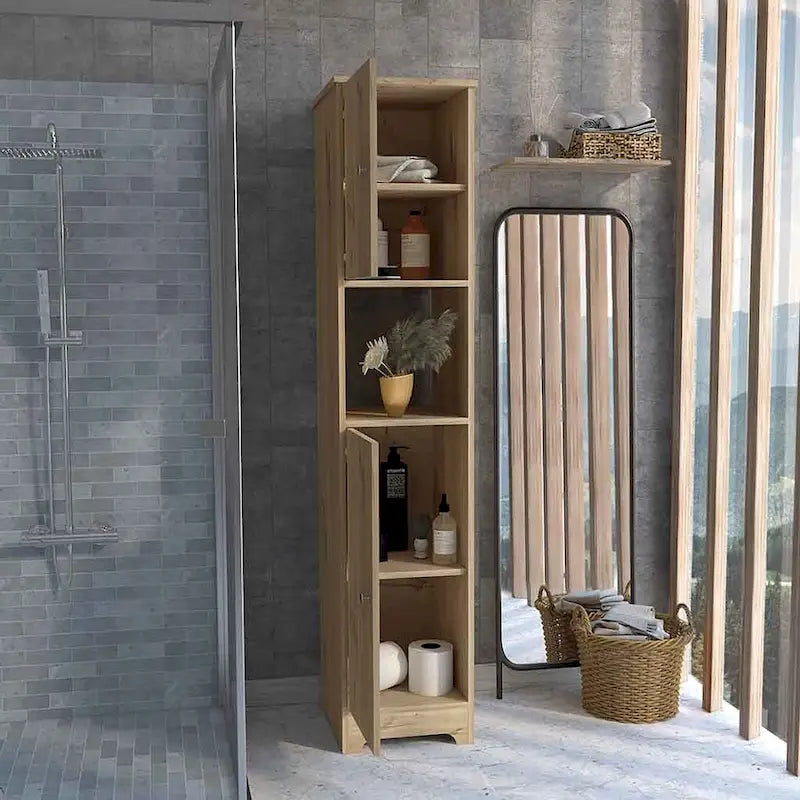 Mobiletto portabiancheria con quattro ripiani interni, finitura rovere chiaro, alta qualità e durevole