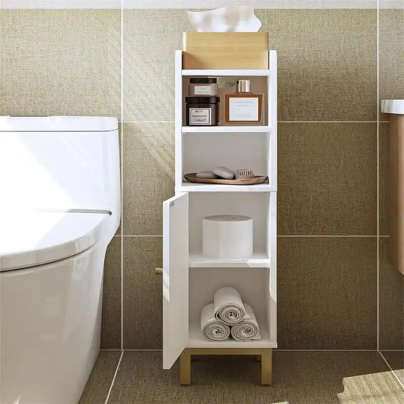 Mobiletto contenitore angolare da pavimento per bagno con anta e ripiani - 7.87 in P x 7.87 in L x 32.65 in A