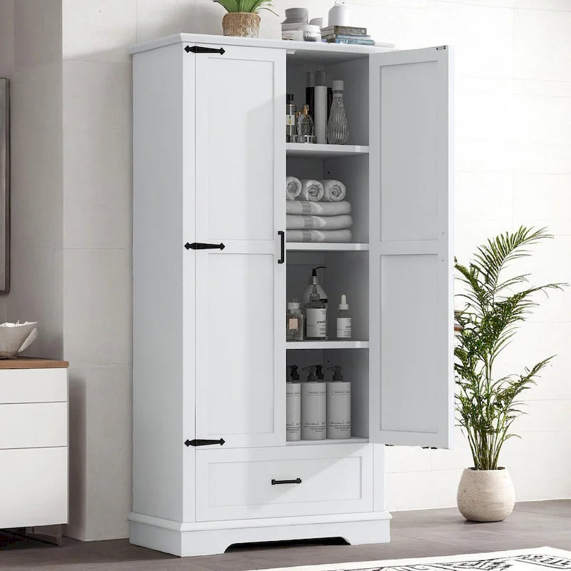 Mobiletto alto da bagno con due ante e un cassetto, ripiano regolabile, pannello MDF, bianco
