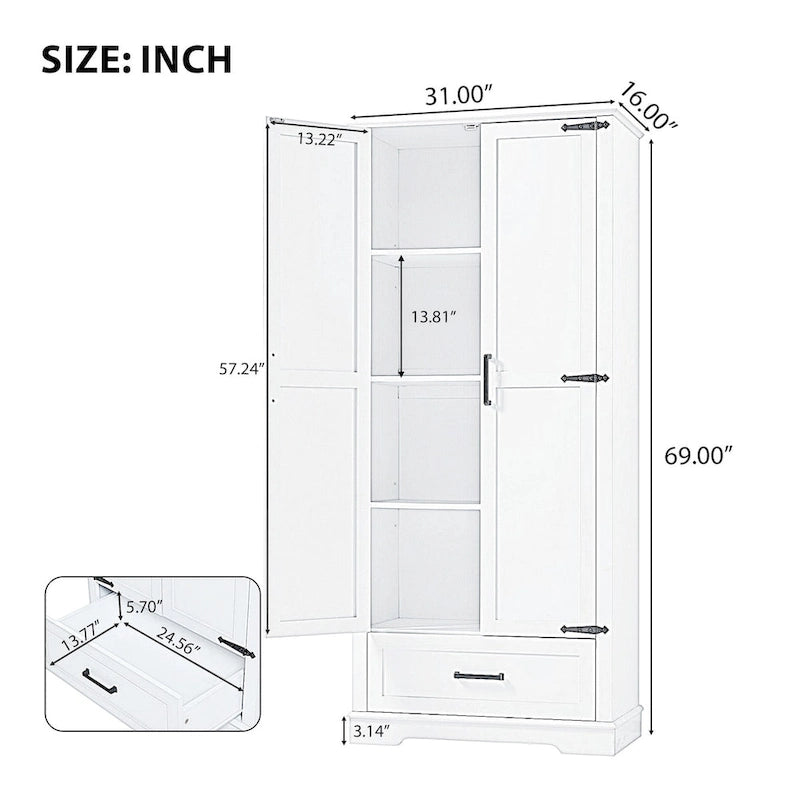 Mobiletto alto da bagno con due ante e un cassetto, ripiano regolabile, pannello MDF, bianco