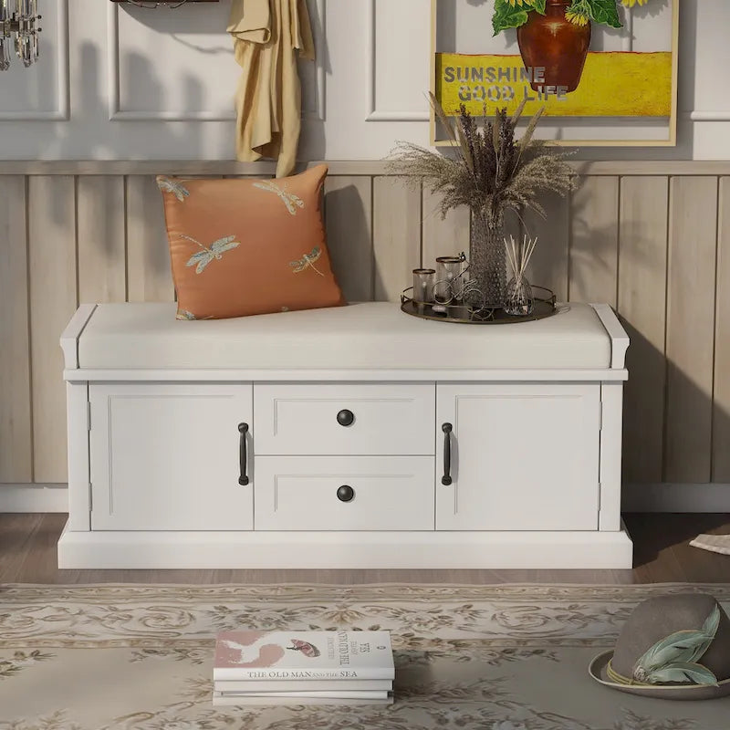 Storage Bench with 2 Drawers and 2 Cabinets, Shoe Bench with Removable Cushion for Living Room